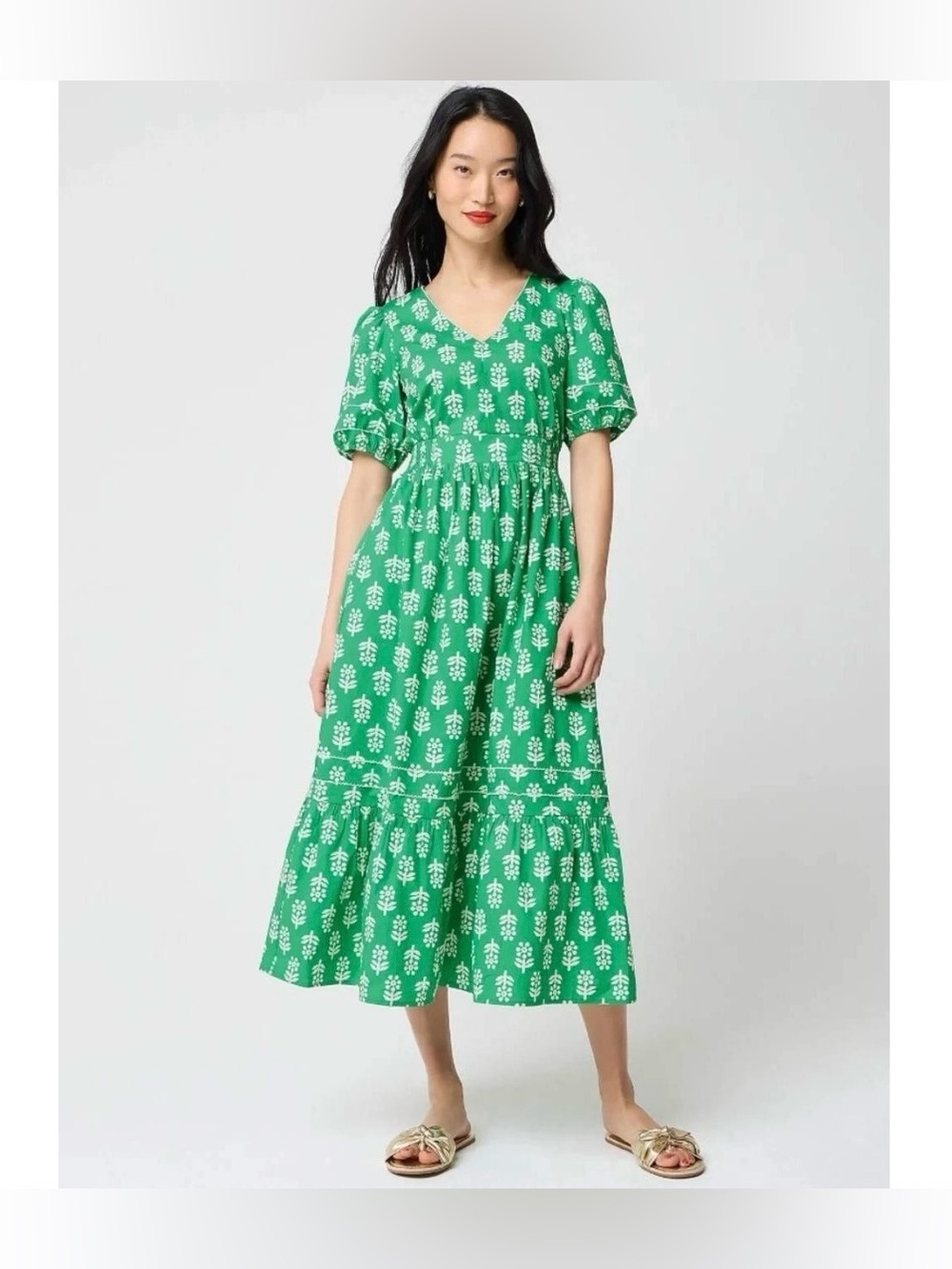J Crew Womens Puff Sleeve Tiered Maxi Dress Size 14 Green Block Print Cotton